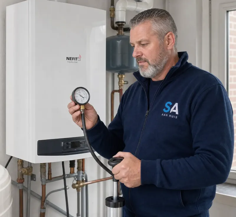 CV-monteur controleert waterdruk cv-ketel